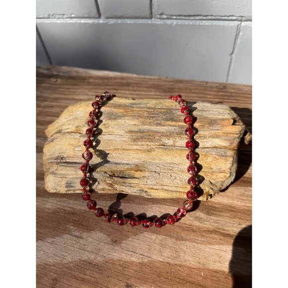 Vintage Red Murano Glass Bead Necklace With Floral Accents and Brass Spacers - Picture 1 of 6